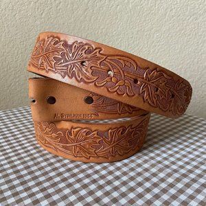 AL Stohlman 1984 Leather Tooled Belt Leaves No Buckle Length: 47.5'' (X/XL)